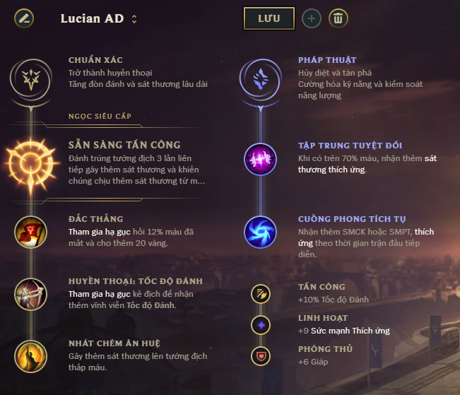 Guide tướng Lucian mùa 10: Cách chơi, bảng ngọc bổ trợ, cách lên đồ Lucian AD mạnh nhất 5 Bảng bổ trợ Lucian Crit combo