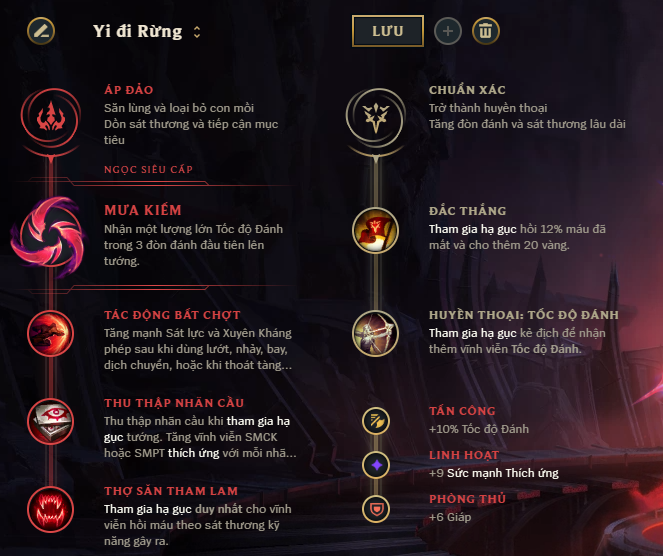 Guide tướng Master Yi mùa 10: Cách chơi, bảng ngọc bổ trợ, cách lên đồ Yi đi Rừng Mid Top mạnh nhất 19 Bảng ngọc Master Yi đi Rừng - Mưa kiếm Cowsep