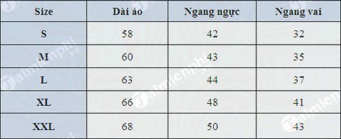 Bảng size áo nữ